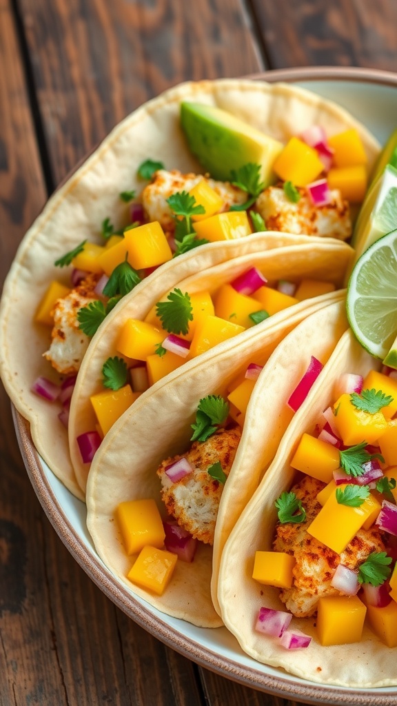 Crispy cod fish tacos with mango salsa on a rustic wooden table, garnished with cilantro and avocado.